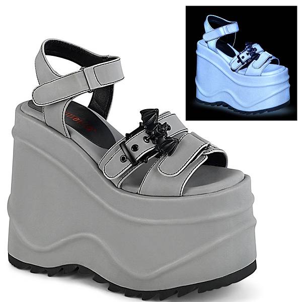 Demonia Women's Wave-13 Platform Sandals - Gray Reflective Vegan Leather D4961-57US Clearance